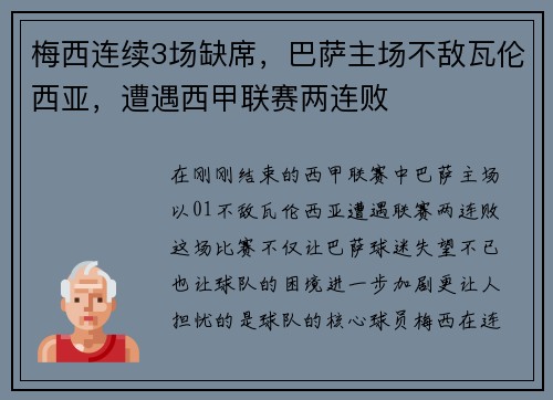 梅西连续3场缺席，巴萨主场不敌瓦伦西亚，遭遇西甲联赛两连败